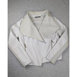 Bagatelle Womens Moto Jacket SM Ivory Drape Open Front Faux Leather Zip Pockets